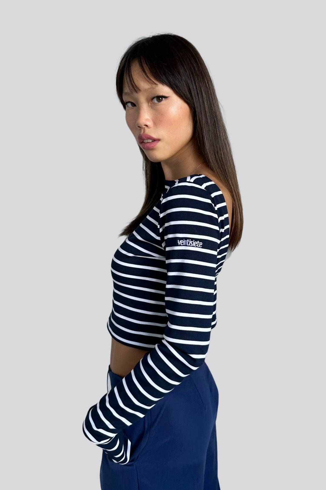 Navy Blue Striped Crop Top 